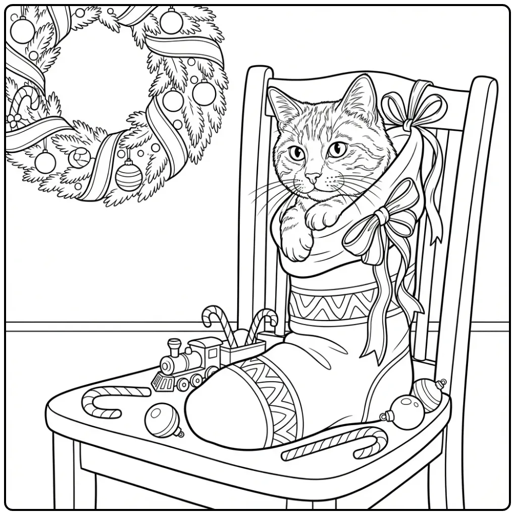 Christmas Cat coloring page in a stocking