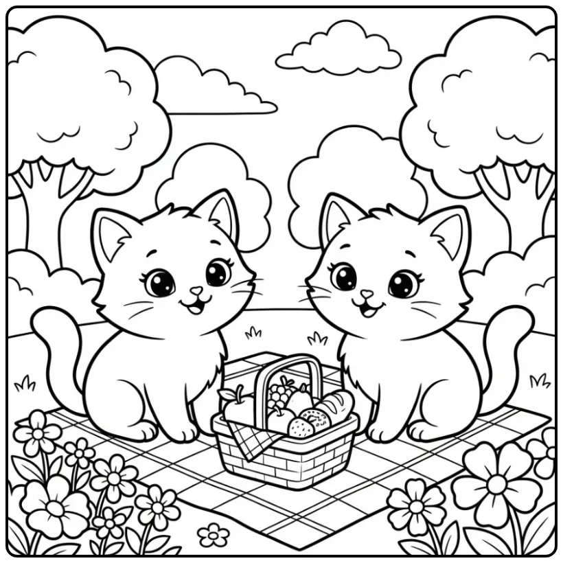 Kitten Picnic on an Outdoor Blanket coloring page