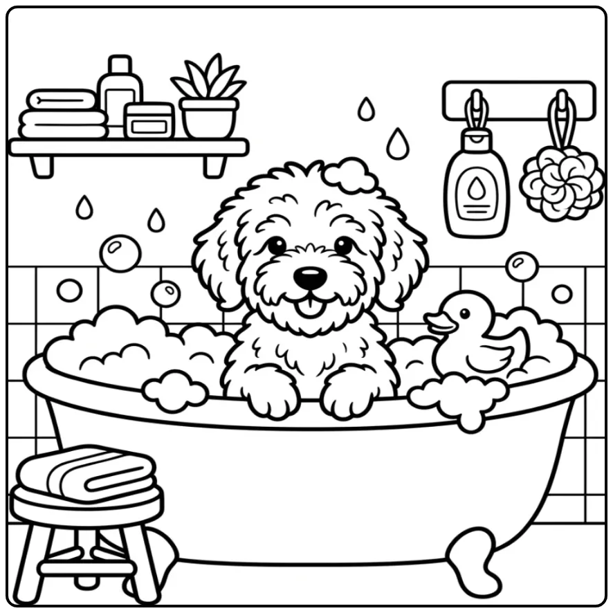 Labradoodle Puppy in a Bubble Bath with a Rubber Duck coloring page