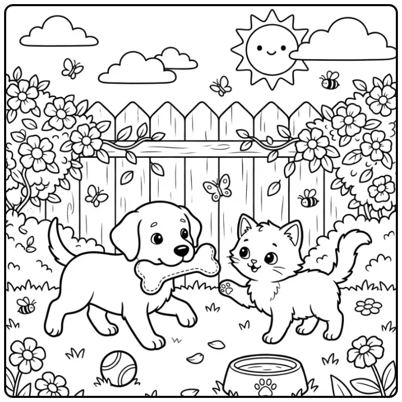 Labrador Puppy and Kitten Playing with a Toy Bone coloring page