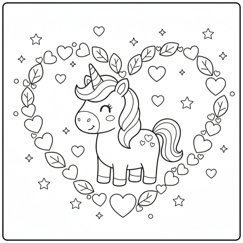 Easy Unicorn and Hearts 1 coloring page