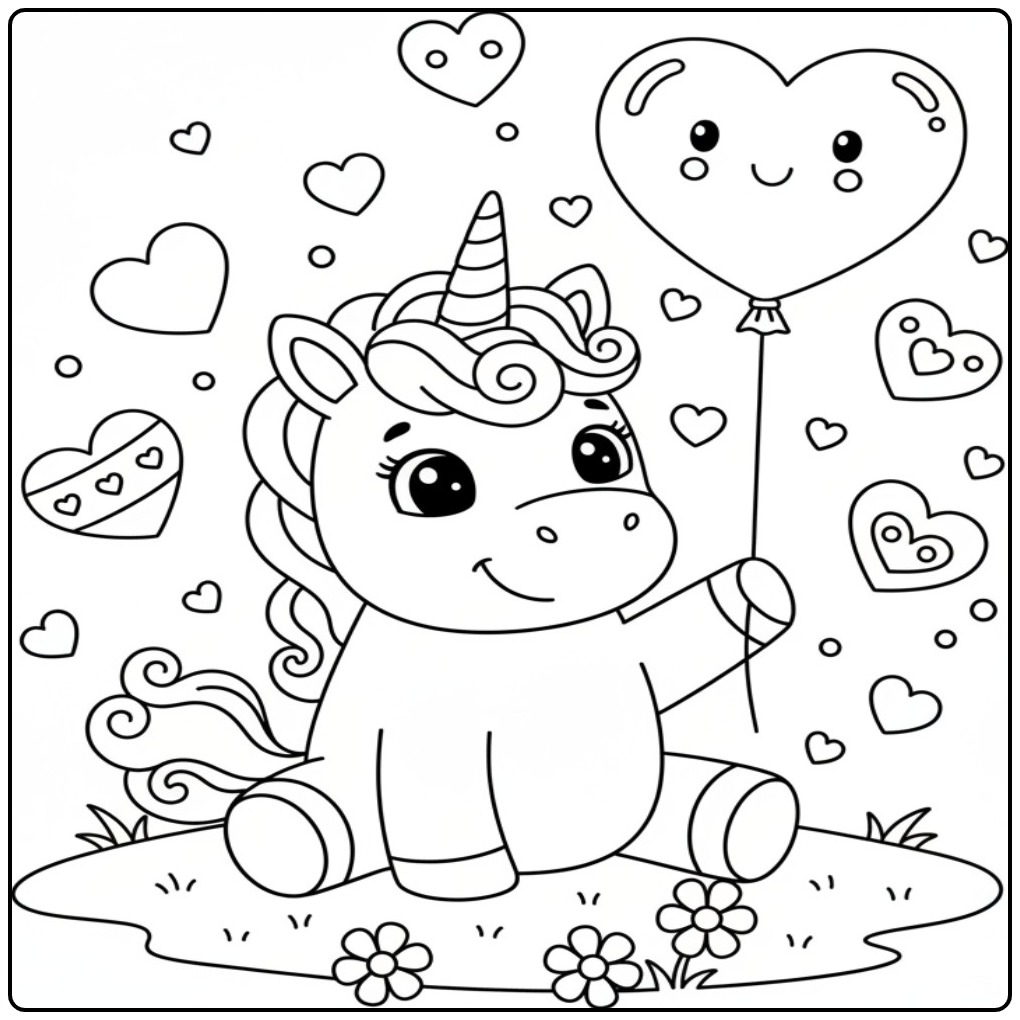 Easy Unicorn and Hearts coloring page