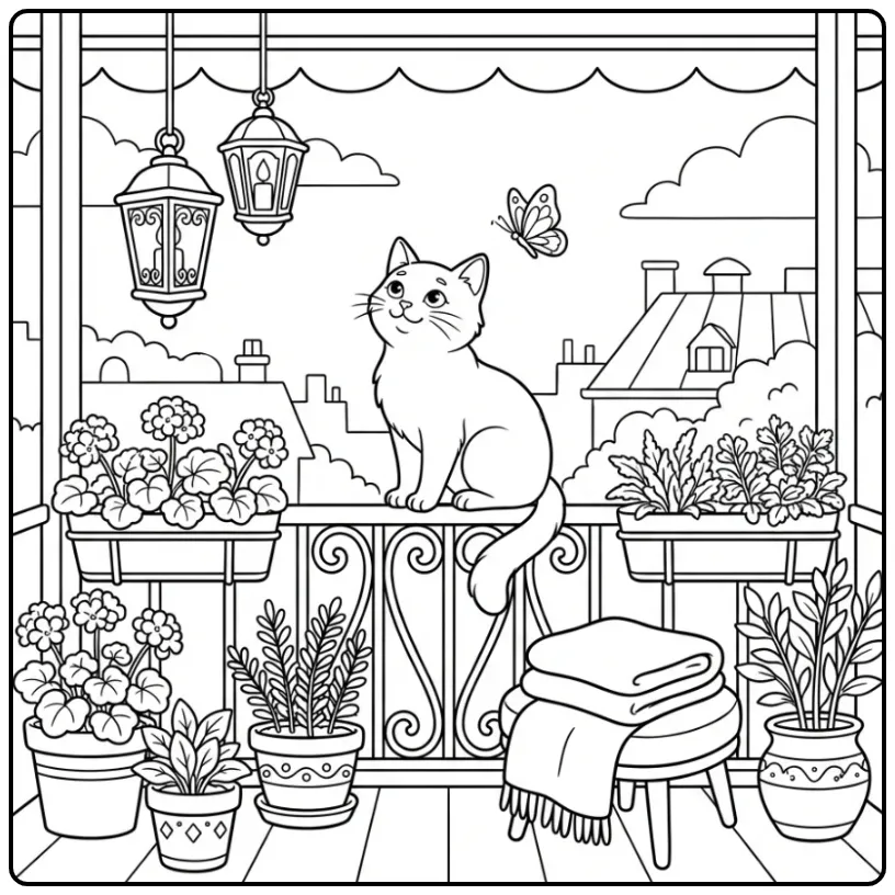 Cute Cat coloring page on a balcony with a butterfly