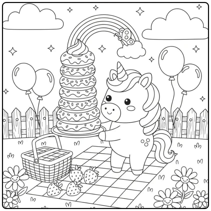 Unicorn Cake and Rainbow for a Picnic coloring page