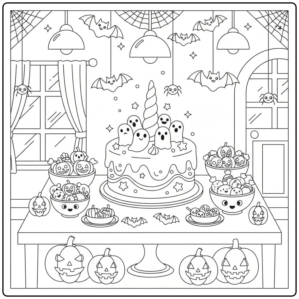 Spooky Party with a Unicorn Halloween Cake coloring page