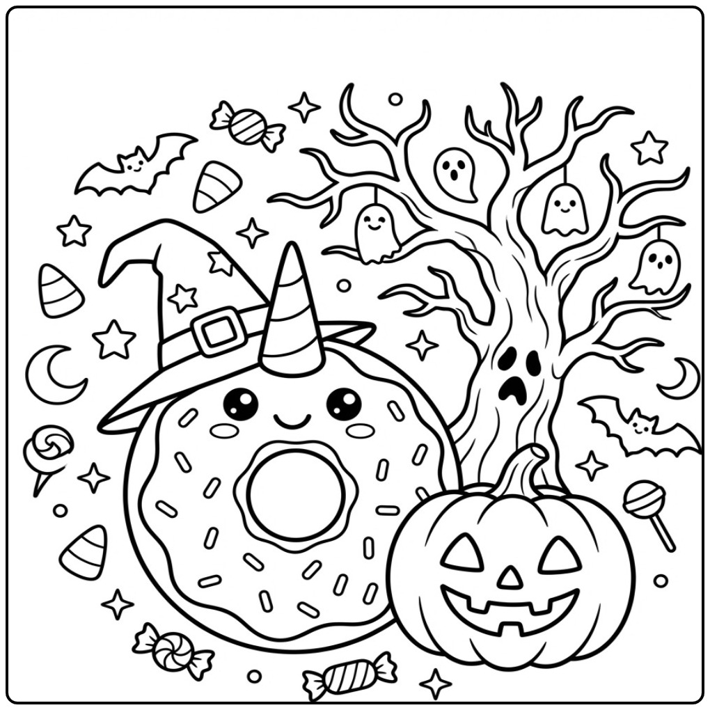 Spooky Halloween Donut Unicorn and Pumpkin coloring page