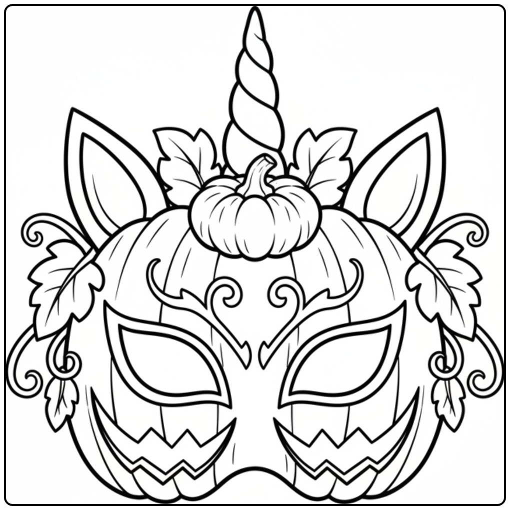 Spooky Unicorn Halloween Masks in Pompoenstijl coloring page
