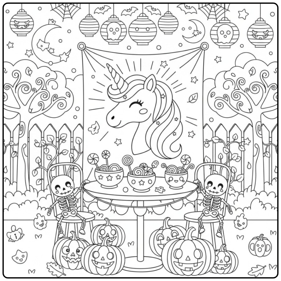 Spooky Unicorn Head Halloween with Pumpkins coloring page