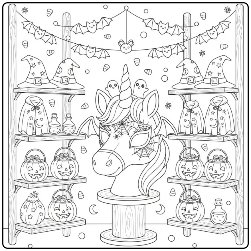 Spooky Unicorn Head Halloween with Bats coloring page
