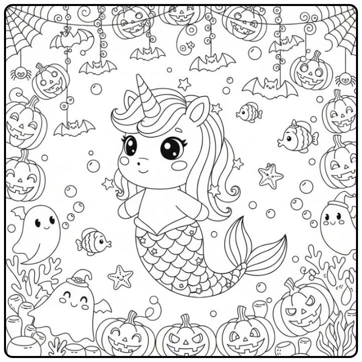 Spooky Unicorn Mermaid Halloween coloring page