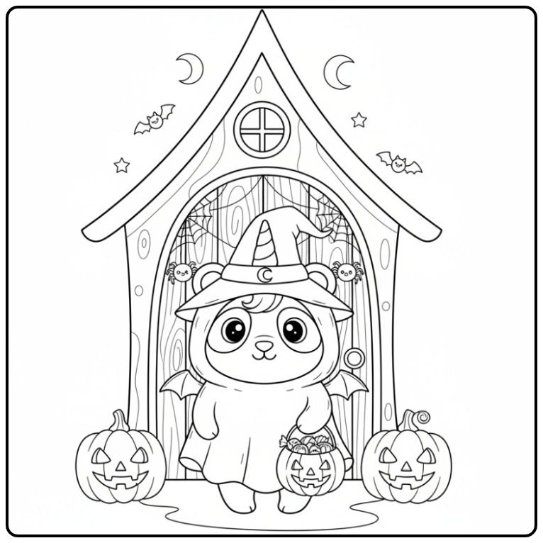 Spooky Unicornpanda Halloween in Heksenkostuum coloring page