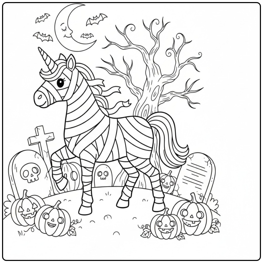 Spooky Unicorn Halloween Pumpkins coloring page