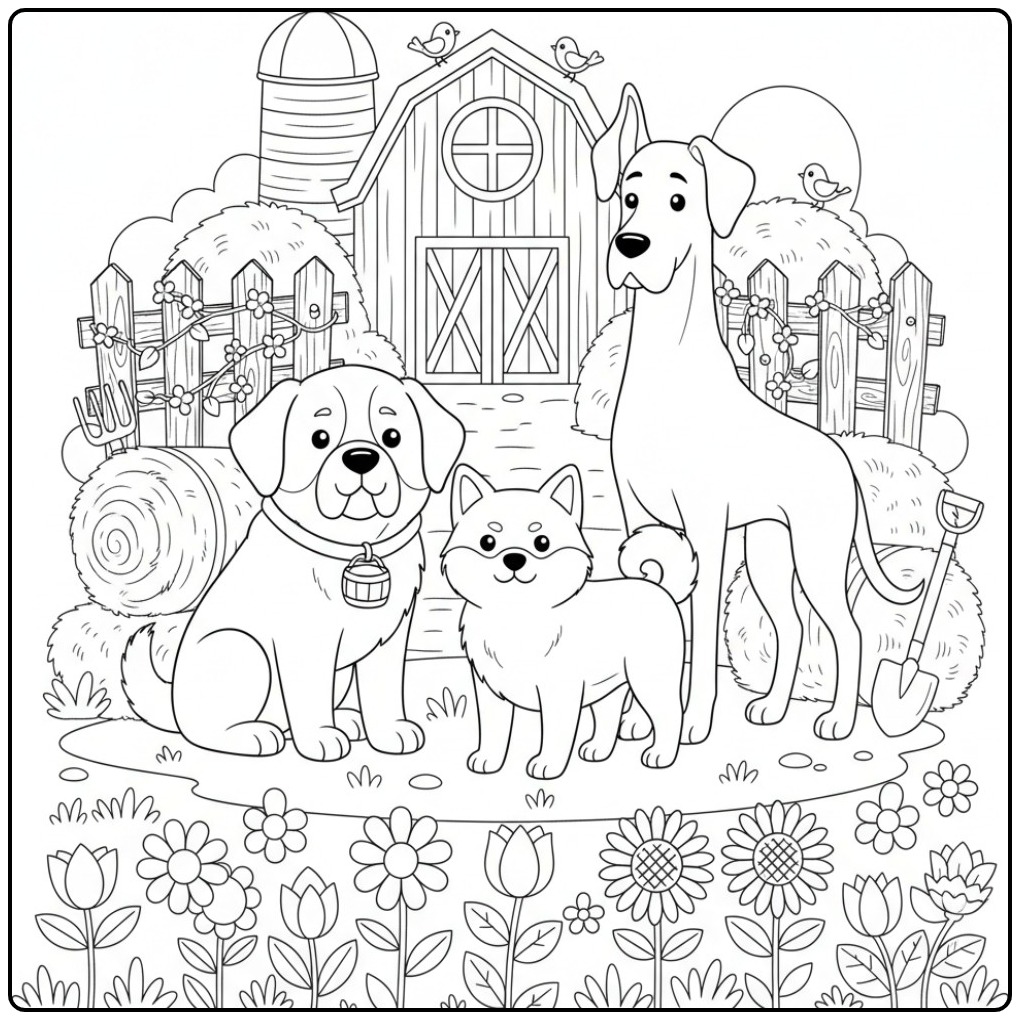 Saint Bernard, Akita, and Great Dane on a Farm coloring page