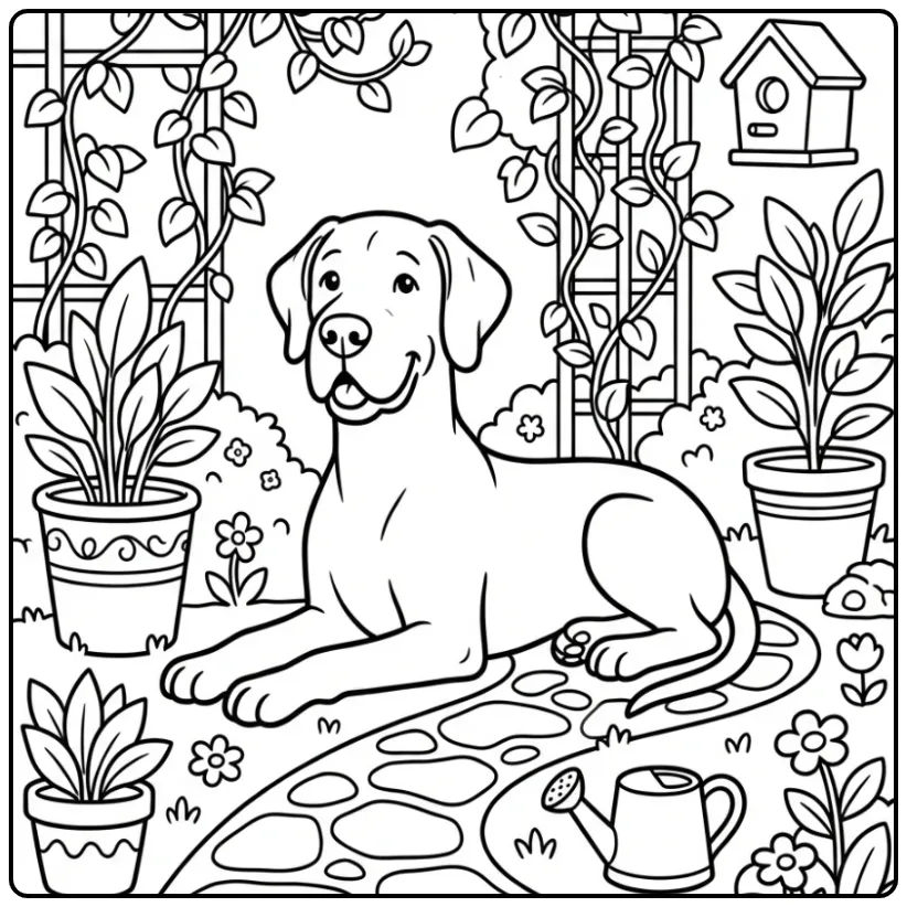 Great Dane in a Quiet Garden coloring page