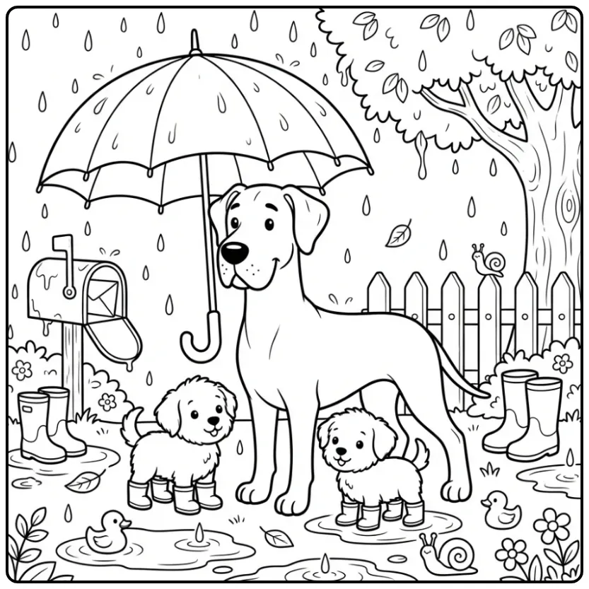 Great Dane Sheltering Puppies from the Rain coloring page