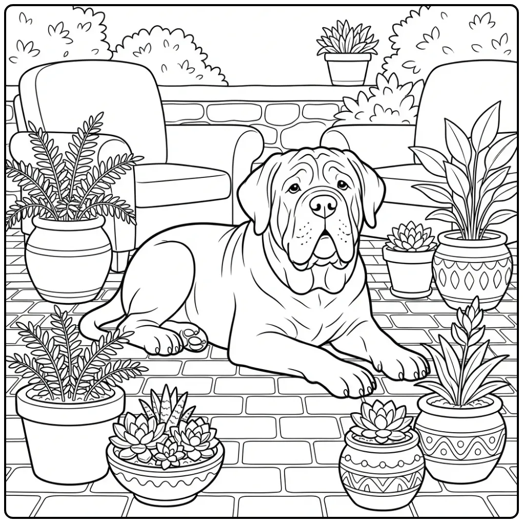 Large Neapolitan Mastiff on a Patio coloring page