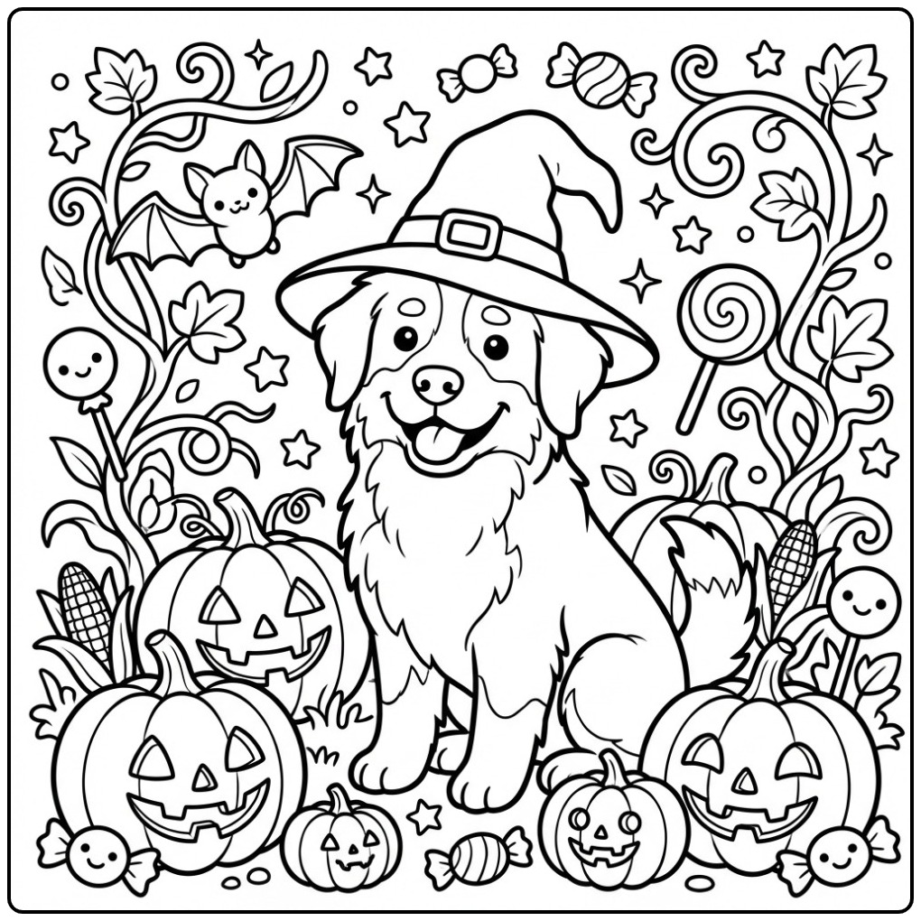 Halloween Bernese Mountain Dog with Pumpkins coloring page