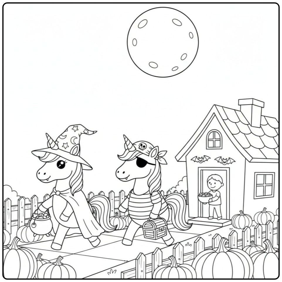 Halloween Adventure Unicorn Trick or Treat coloring page