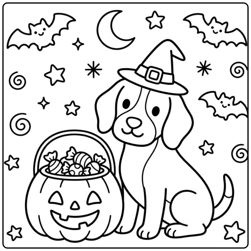 Halloween Beagle with Candies and Bats coloring page