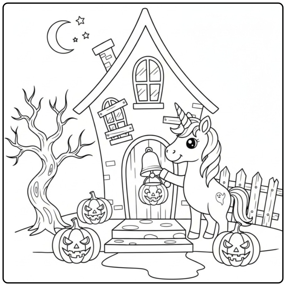 Halloween Unicorn Trick or Treat with Pumpkins coloring page