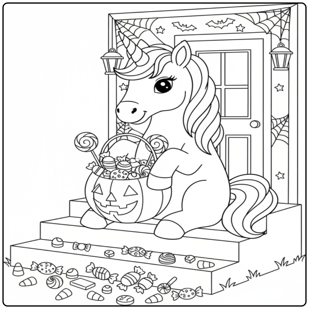 Halloween Unicorn Trick or Treat on the Sidewalk coloring page