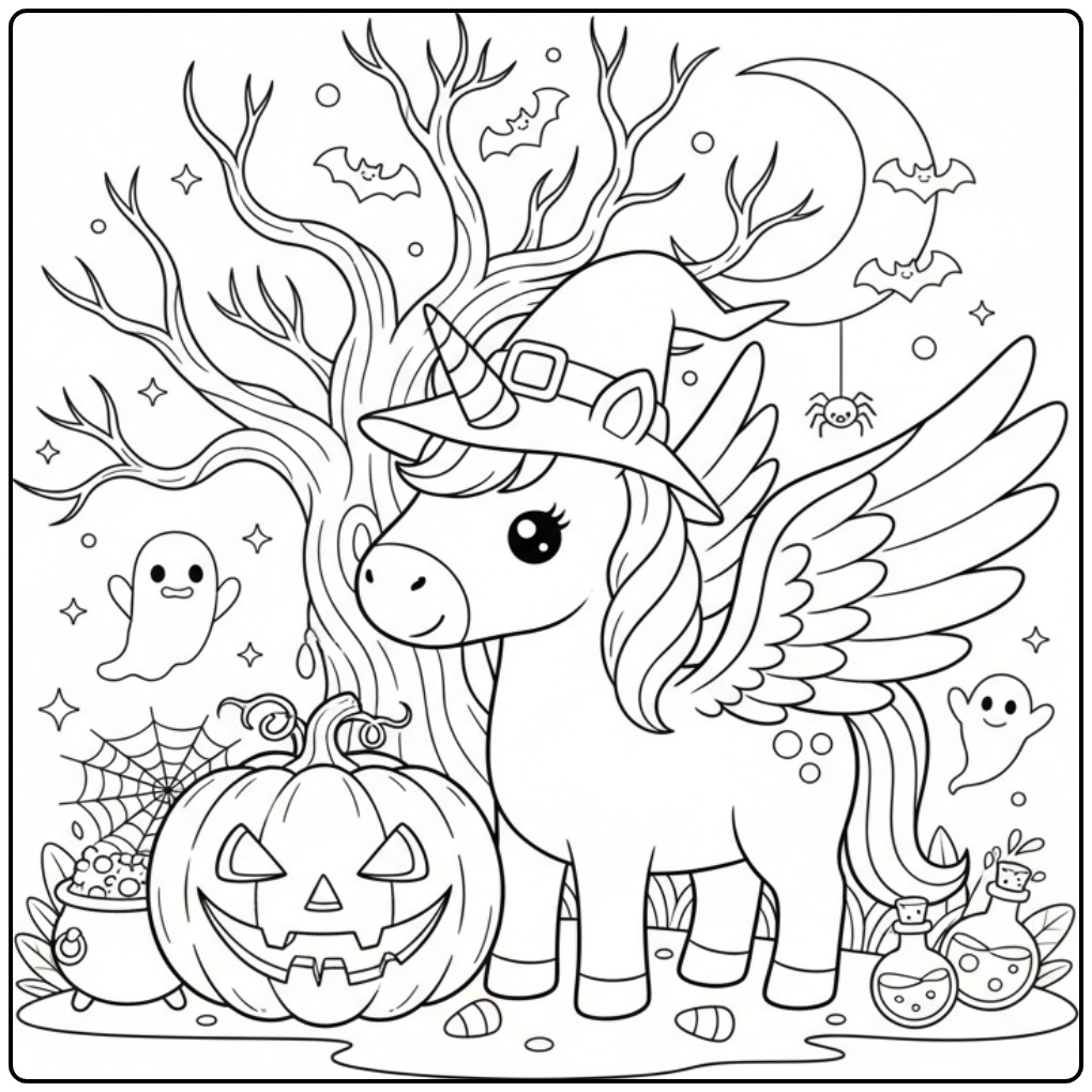 Halloweencoloring Page Unicorn with Wings and a Witch Hat coloring page