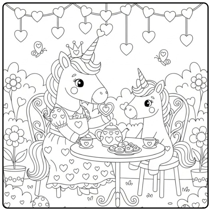 Heartfelt Unicorn Princess with Hearts Cozy Afternoon coloring page