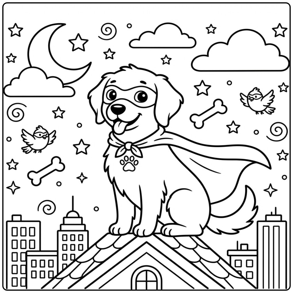 Heroic Dog Golden Retriever in the City coloring page