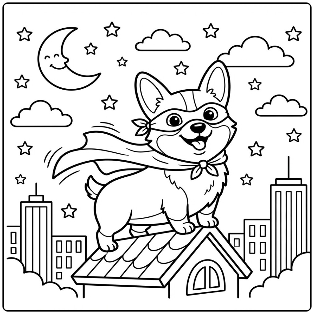 Superhero Corgi Watching Over the City coloring page