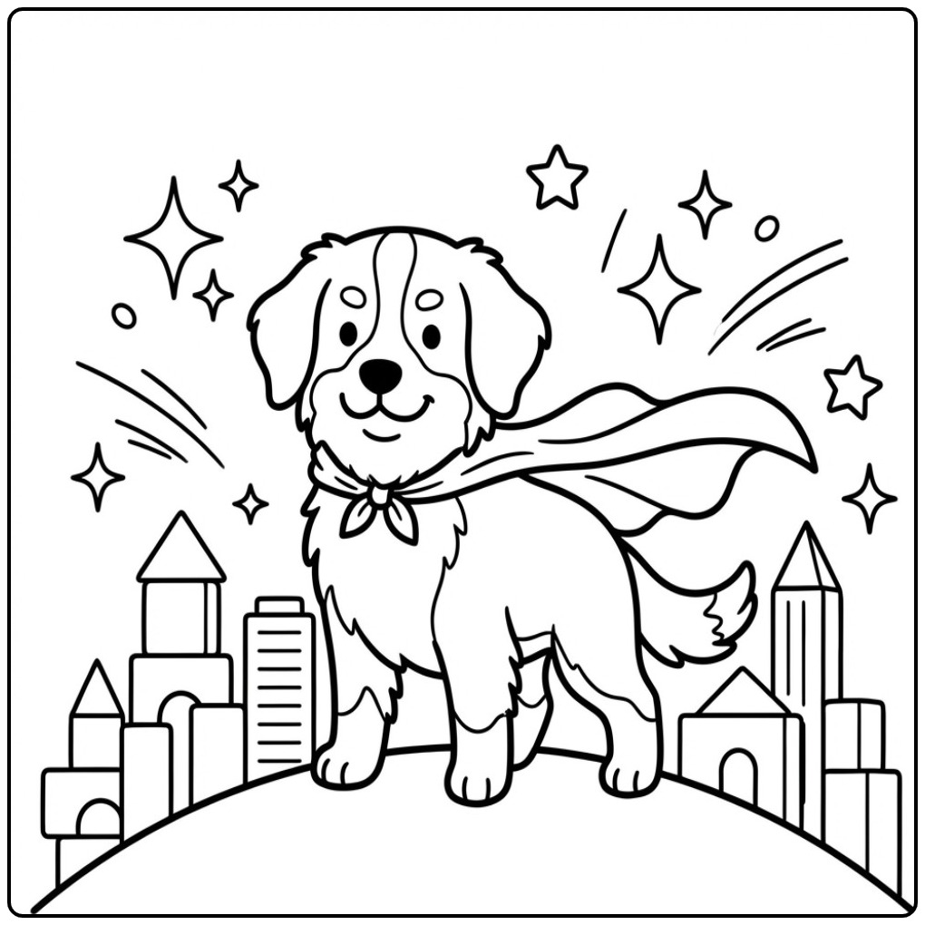 Heroic Bernese Mountain Dog Puppy Above the City coloring page