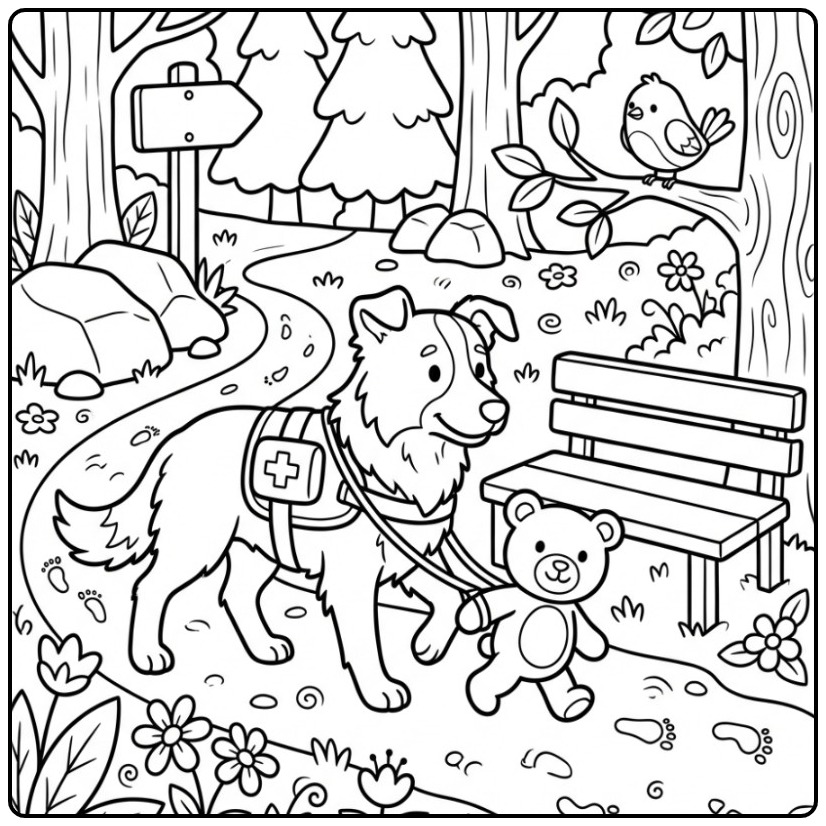 Border Collie Rescue Dog Helping a Teddy Bear coloring page