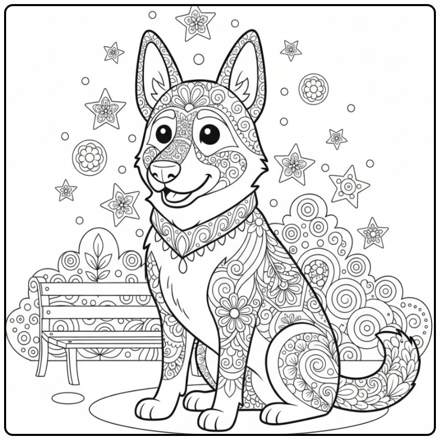 German Shepherd Mandala Dog in a Park coloring page