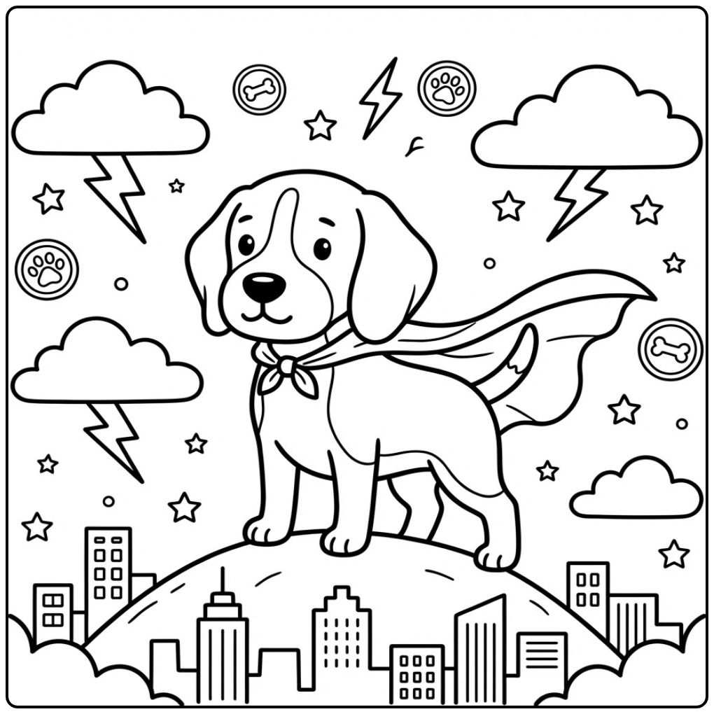 Heroic Puppy Superhero Above the City Beagle coloring page