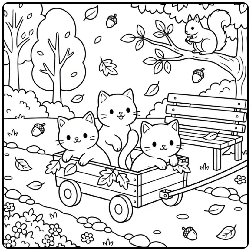 Autumn Cute Kittens in a Wagon coloring page
