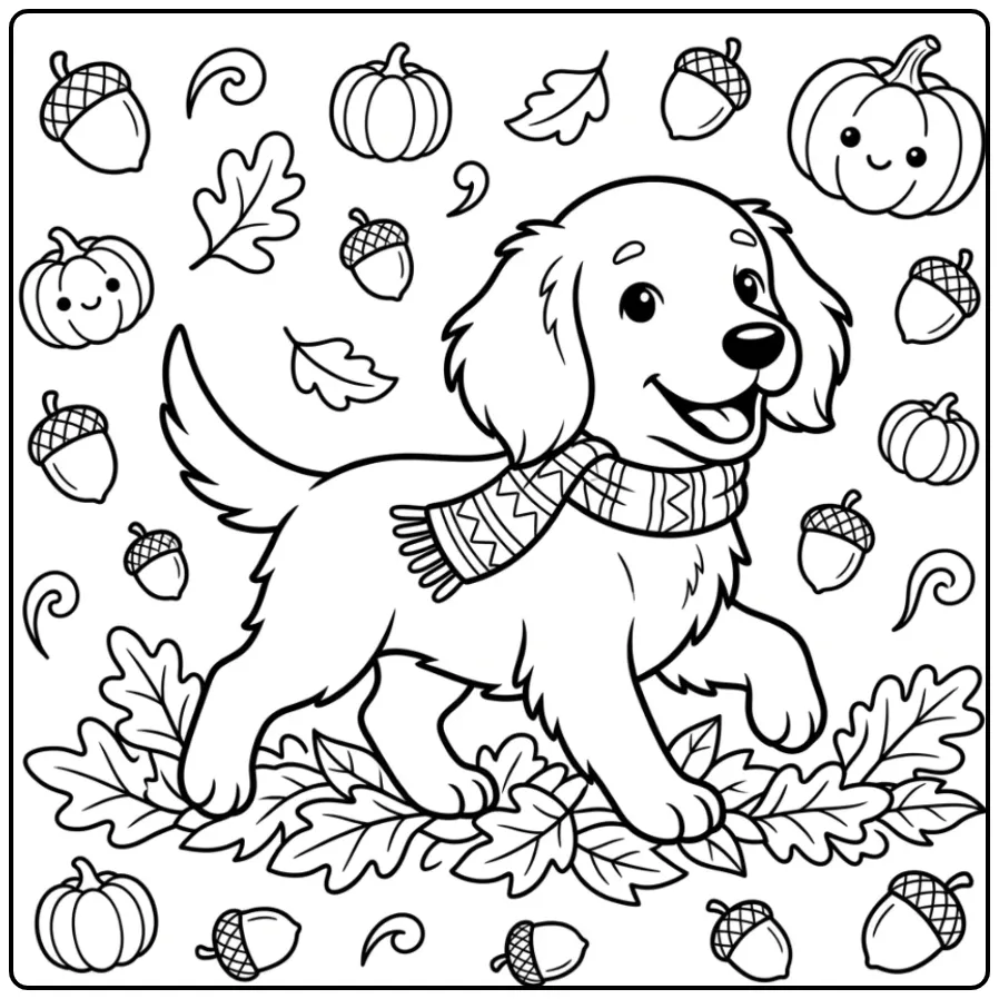 Autumn Cute Puppy with Scarf and Pumpkin coloring page