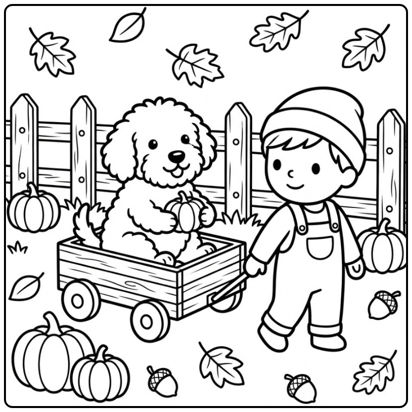 Labradoodle Riding in an Autumn Wagon coloring page