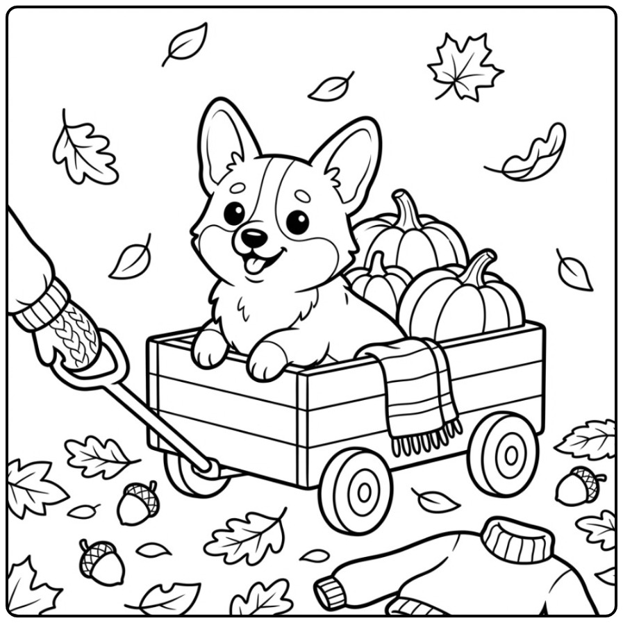 Corgi Riding in a Wagon with Pumpkins coloring page