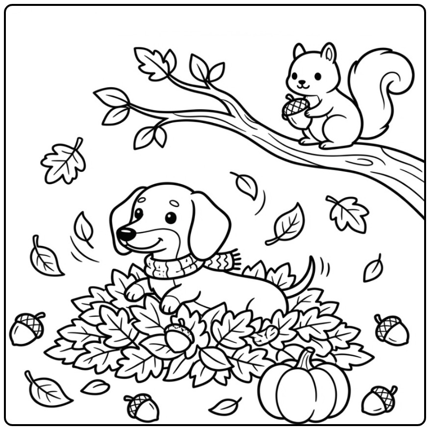 Autumn Dachshund Playing Among the Leaves coloring page