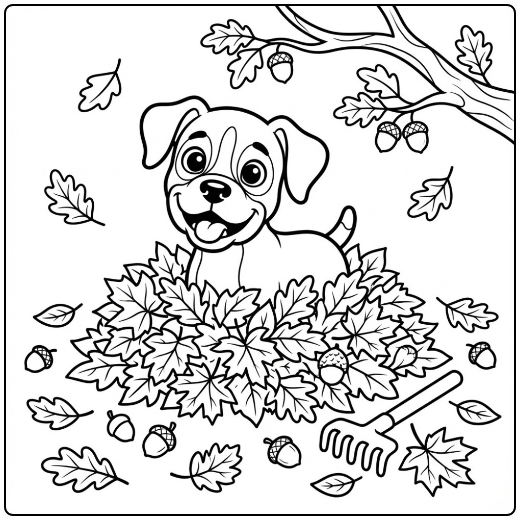 Autumn Fun Boxer Dog with Acorns and a Hark coloring page