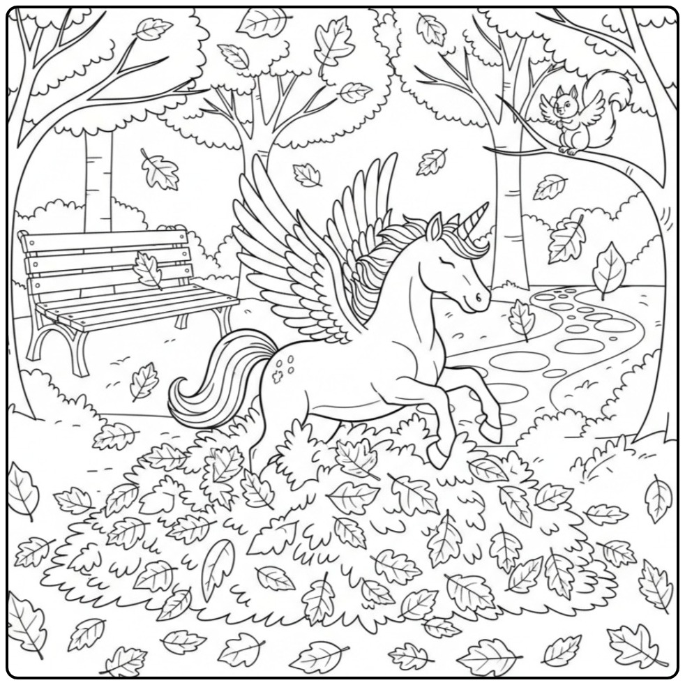 Herfstpret Unicorn with Wings and Squirrel coloring page