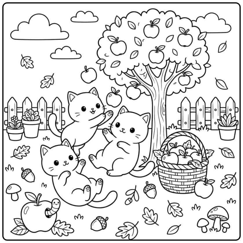 Autumn Cute Kittens with Apples coloring page
