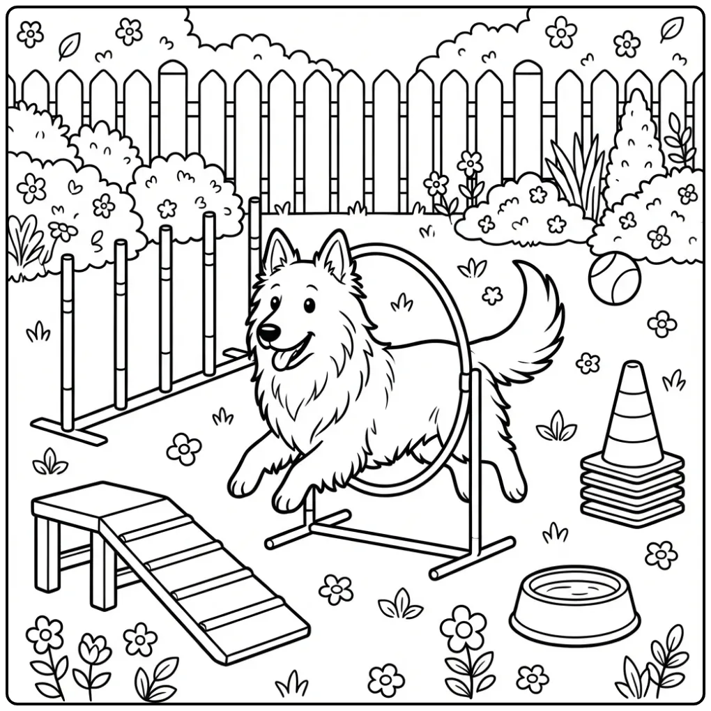 Long-Haired Dutch Shepherd on an Agility Course coloring page