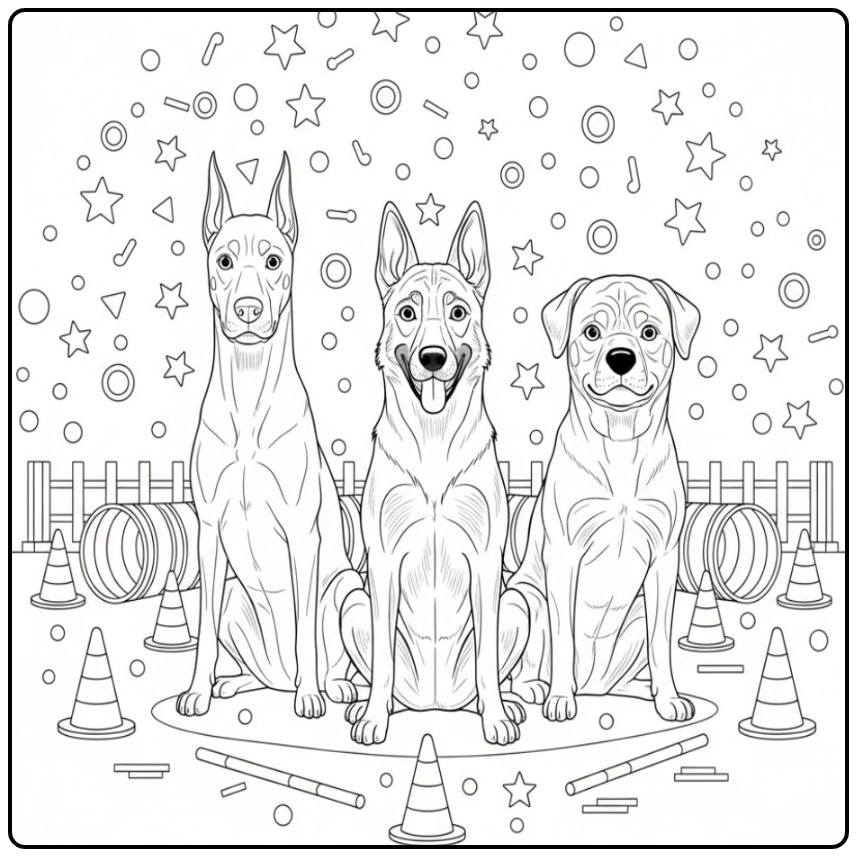 Doberman, Belgian Malinois, and Rottweiler on a Training Field coloring page