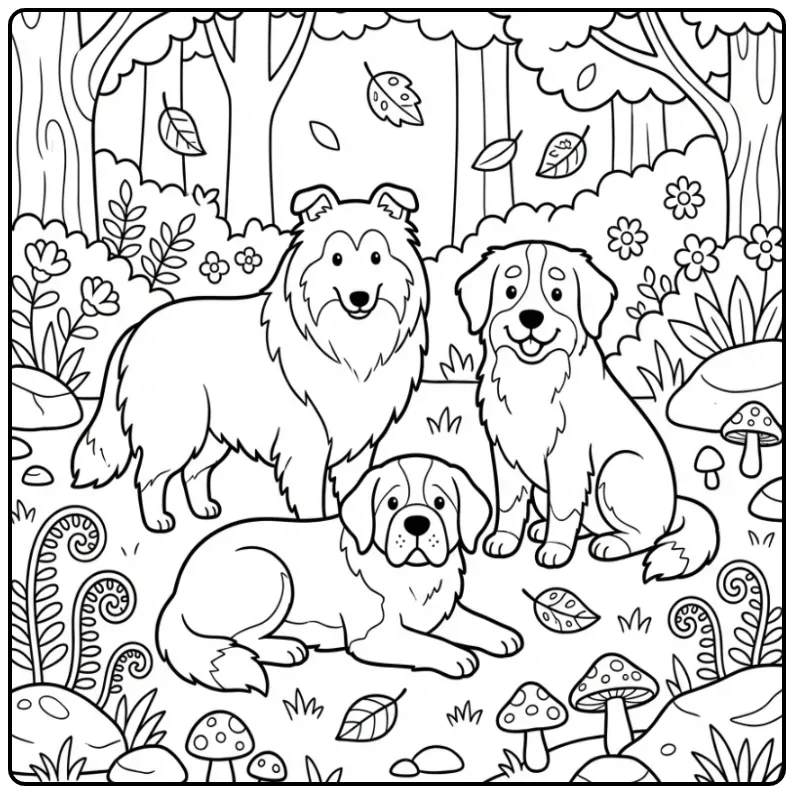 Dog Friends in the Forest with Mushrooms coloring page