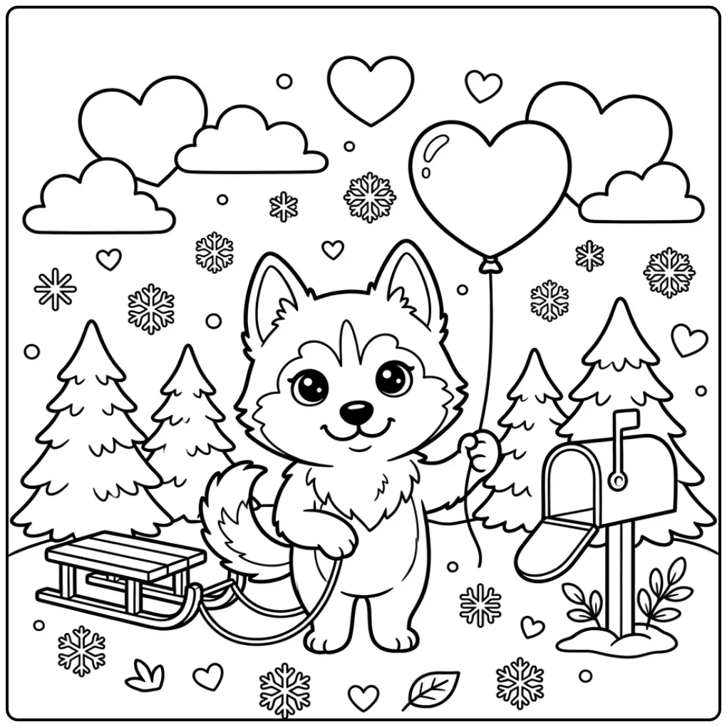 Husky Puppy with Heart and Balloon coloring page