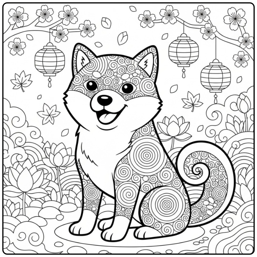 Shiba Inu Mandala Dog in a Japanese Garden coloring page