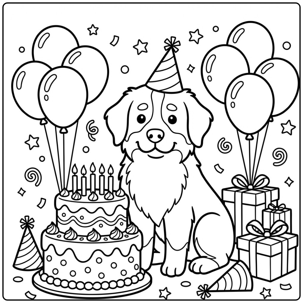 Birthday Bernese Mountain Dog with Cake coloring page