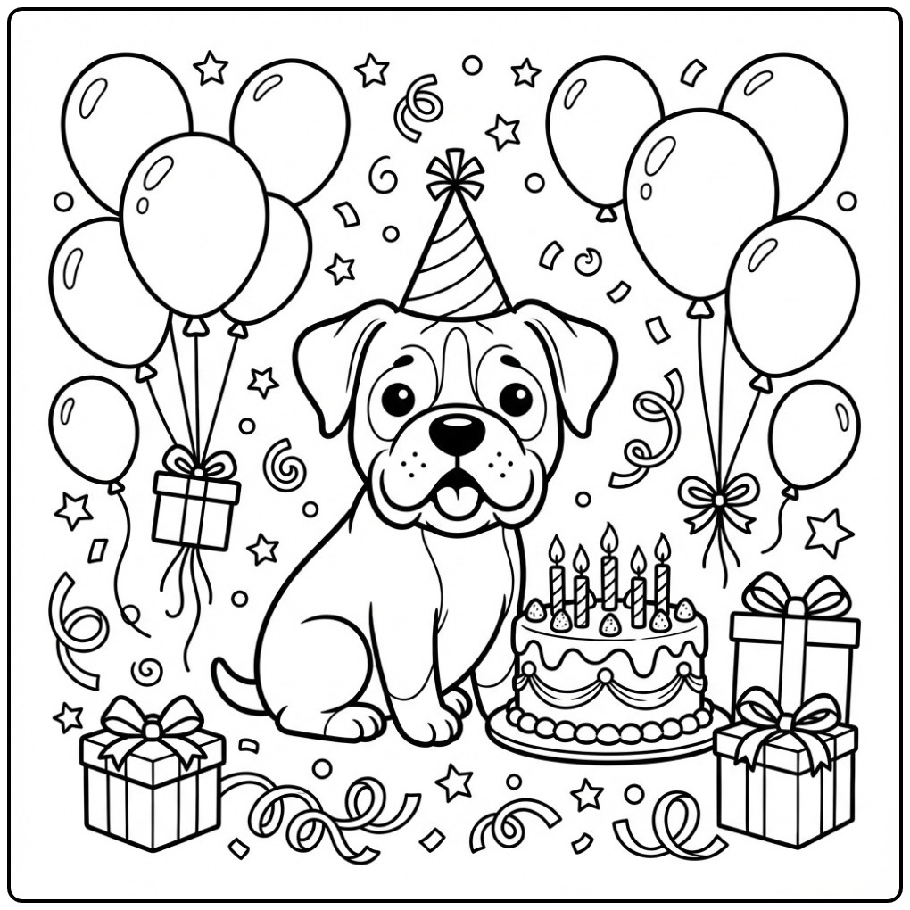 Jarige Boxer Dog Celebrating Party with Balloons coloring page