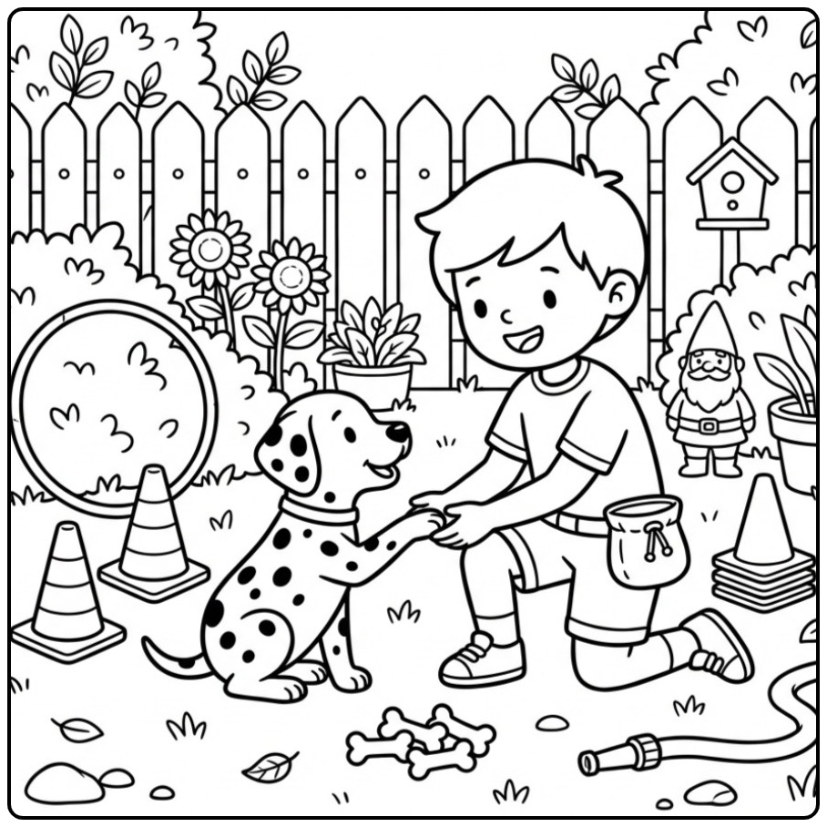 Boy and Dog Training Dalmatian in the Garden coloring page