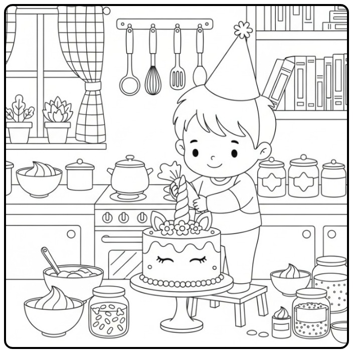Jongetje Building a Unicorn Birthday Cake in the Kitchen coloring page